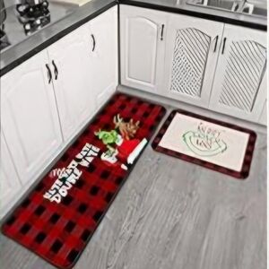 GRINCH Christmas Holiday Kitchen Mats, Set of 2, Farmhouse Style Red Black Plaid